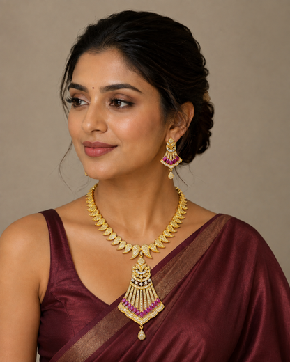 Royal Gold Tone Cz Ruby Designer Necklace Set-dj06300