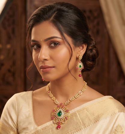 Gold Tone Cz Ruby-emerald Necklace Set-dj06304