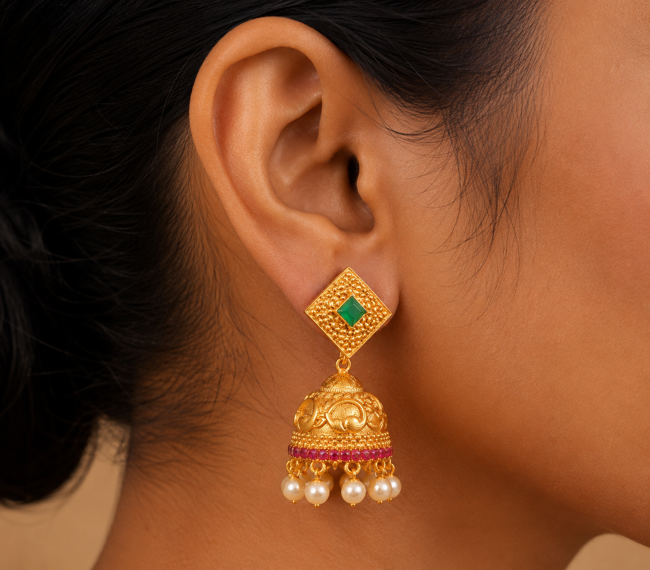 Unique Matte Finish Ruby-emerald Party Wear Jhumkkas-dj06342