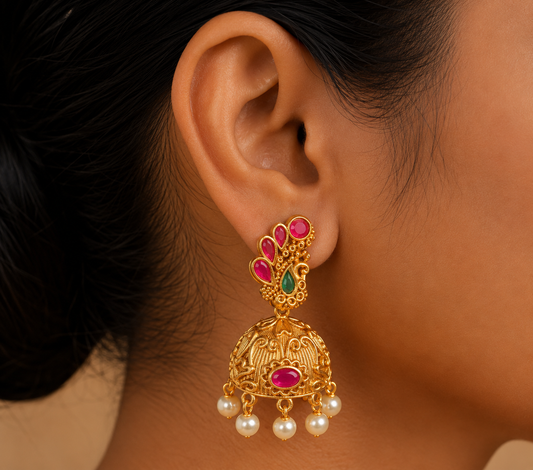 Unique Matte Finish Ruby-emerald Party Wear Jhumkkas-dj06345