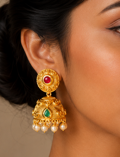 Unique Matte Finish Ruby-emerald Party Wear Jhumkkas-dj06349