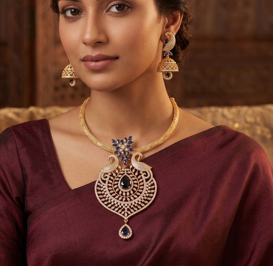 Beautiful Gold Tone Cz-blue Peacock Necklace Set-dj06380