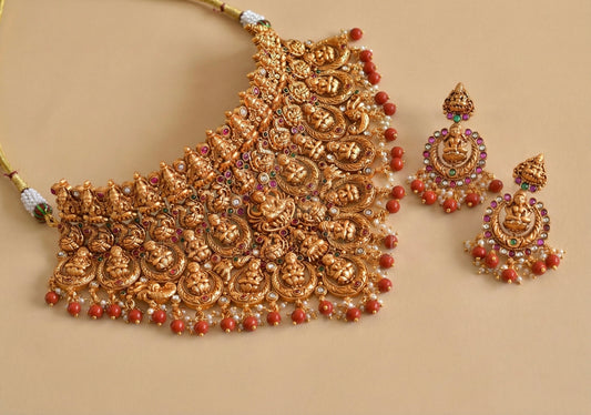 Matte finish kemp-green coral beads Lakshmi choker necklace set dj-35667