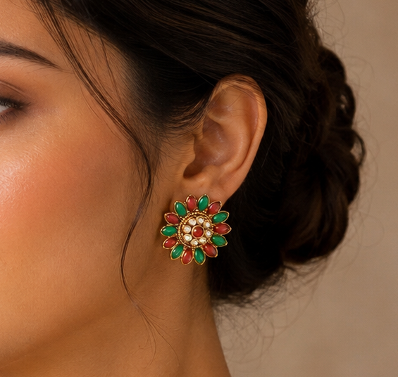 Antique gold tone pink-green flower stud dj-06417
