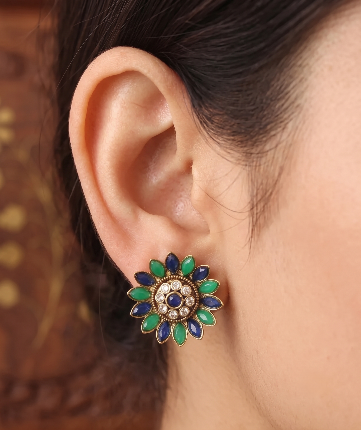 Unique Antique Blue-green Flower Studs-dj06421