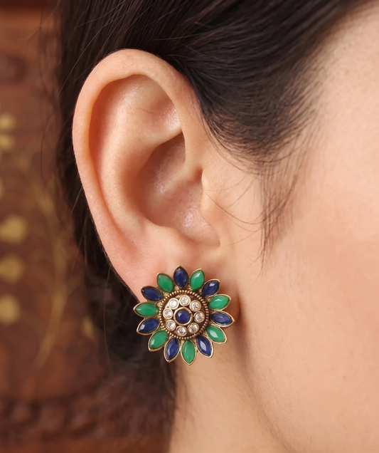Unique Antique Blue-green Flower Studs-dj06421