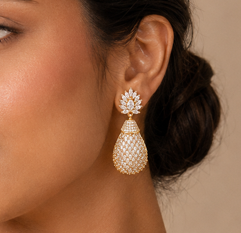 Gold tone Cz Long statement earrings-dj06460