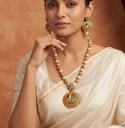 Matte finish emerald pearl designer necklace set dj-06475