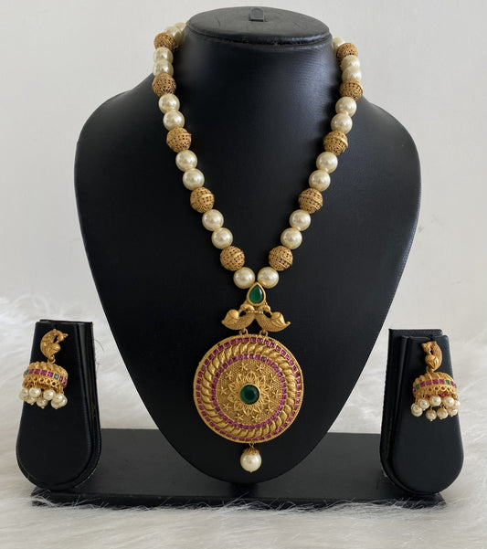 Matte finish ruby-emerald pearl necklace set dj-06481