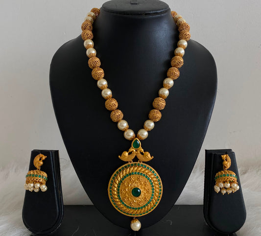 Matte finish ruby-emerald pearl designer necklace set dj-06482