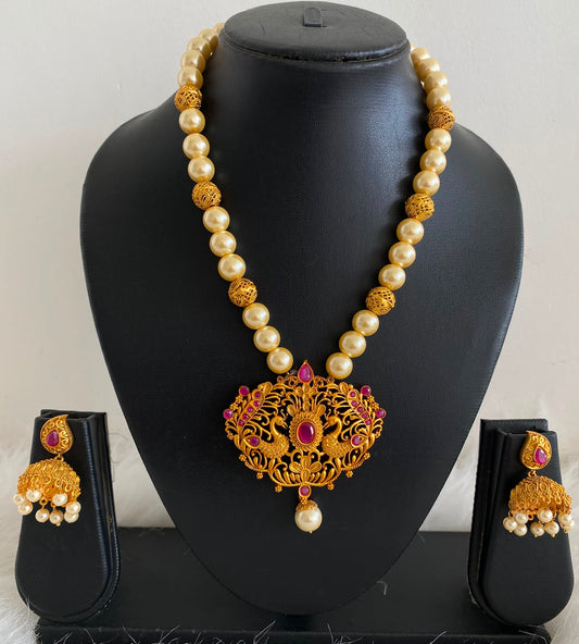 Matte finish ruby- pearl peacock designer necklace set dj-06484