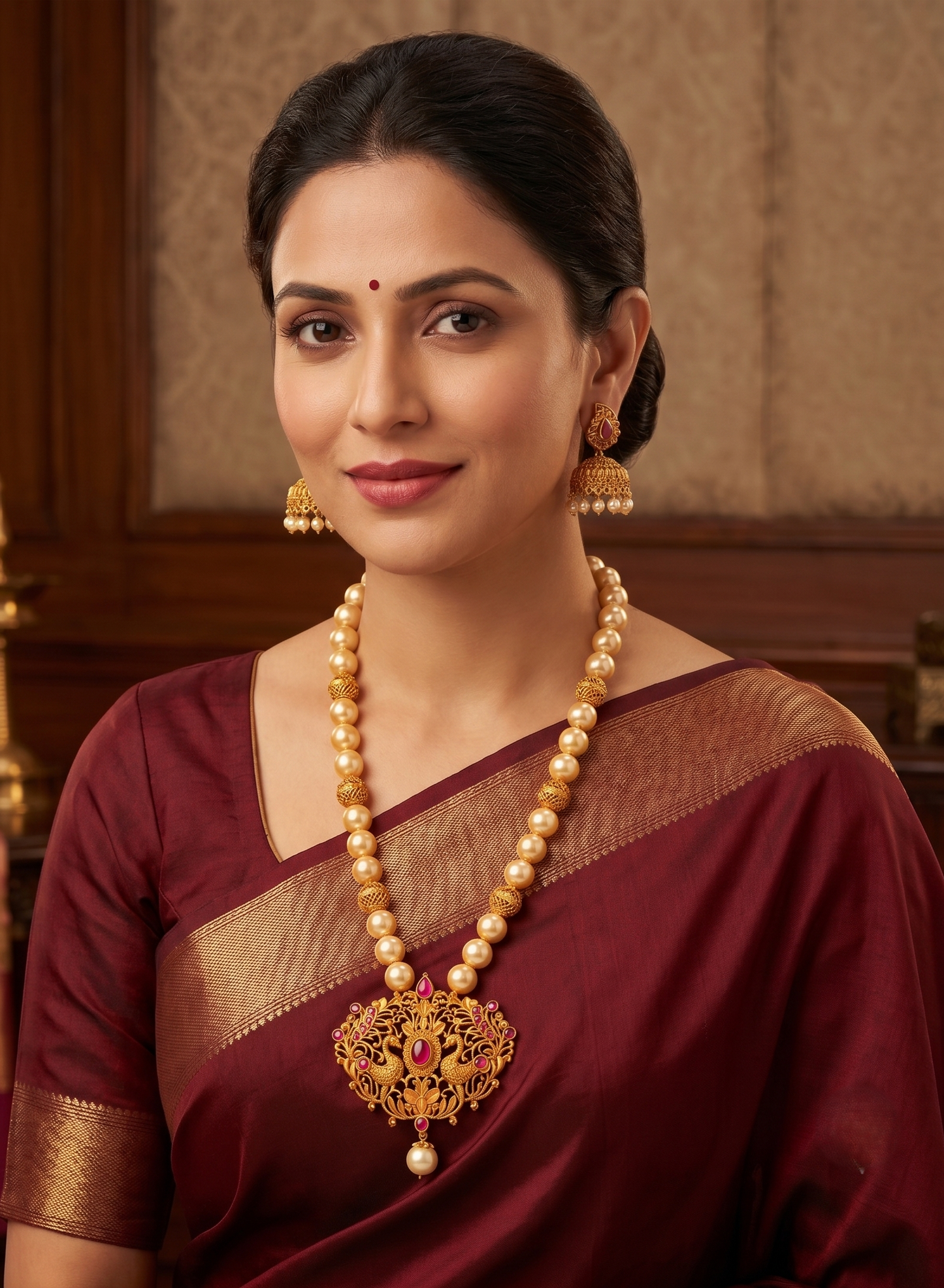 Matte finish ruby- pearl peacock designer necklace set dj-06484