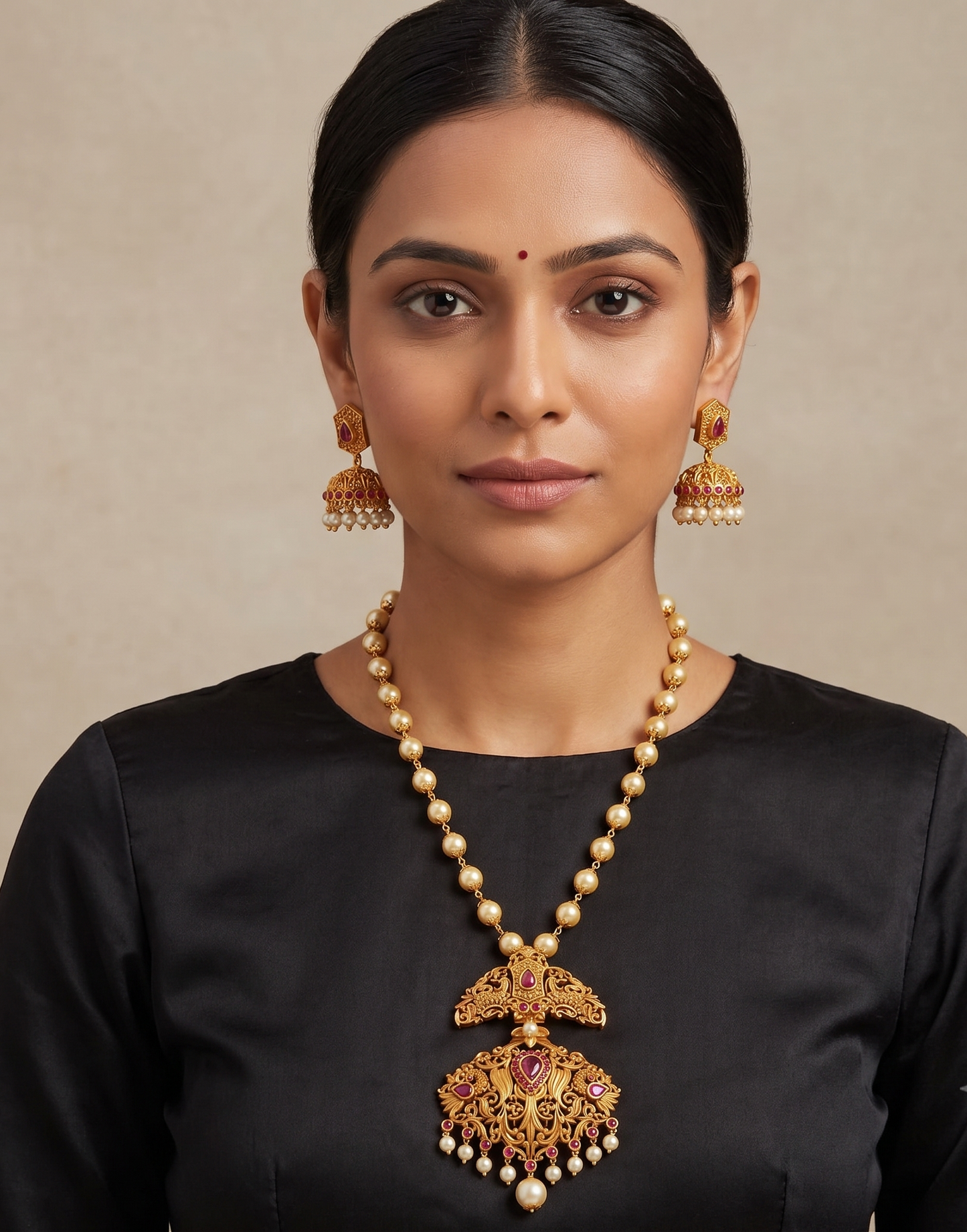 Matte finish ruby designer necklace set dj-06487