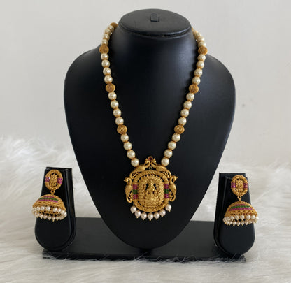 Matte finish ruby-emerald pearl lakshmi necklace set dj-06488