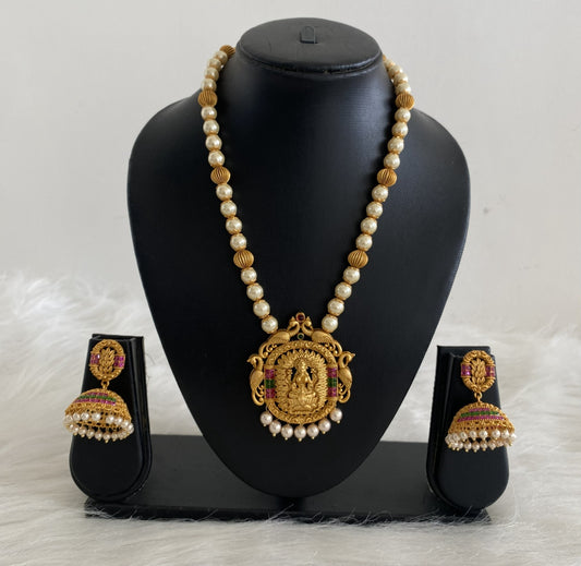 Matte finish ruby-emerald pearl lakshmi necklace set dj-06488