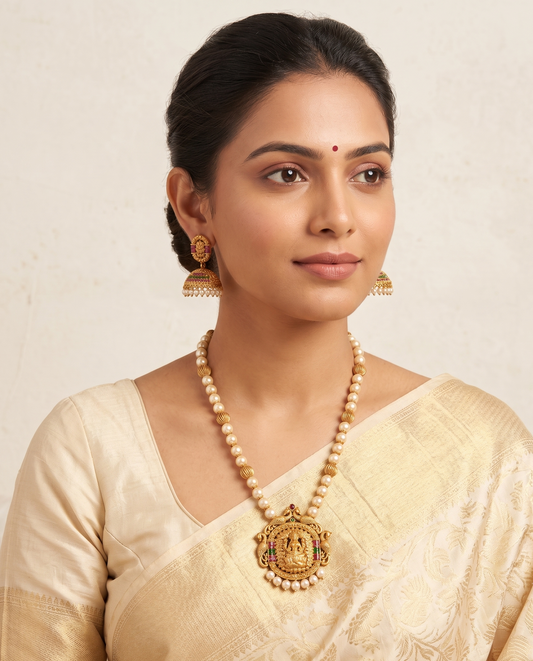 Matte finish ruby-emerald pearl lakshmi necklace set dj-06488