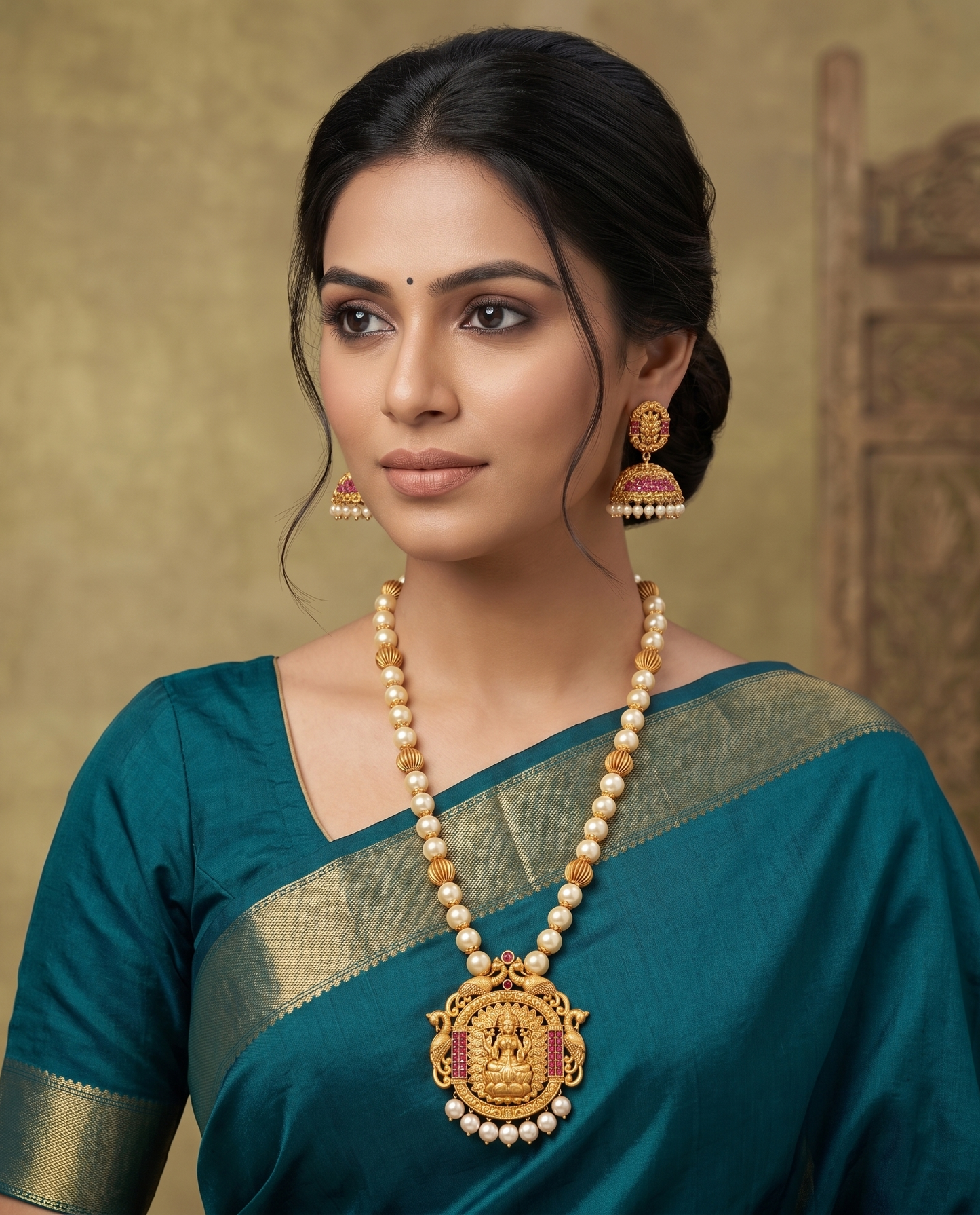 Matte finish ruby pearl lakshmi designer necklace set dj-06489