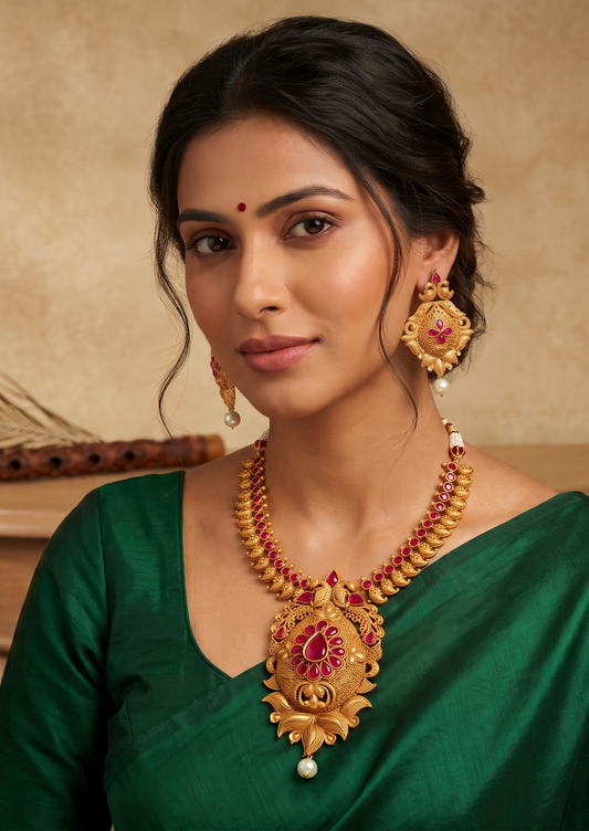 Matte finish ruby bridal necklace set dj-06498