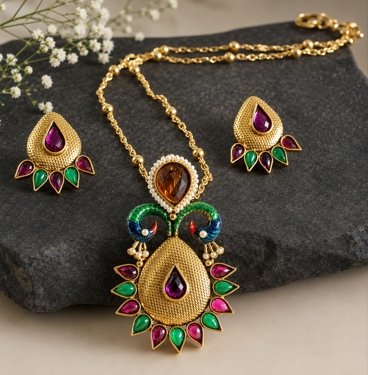 Beautiful Antique Purple-green Peacock Necklace Set-dj06528