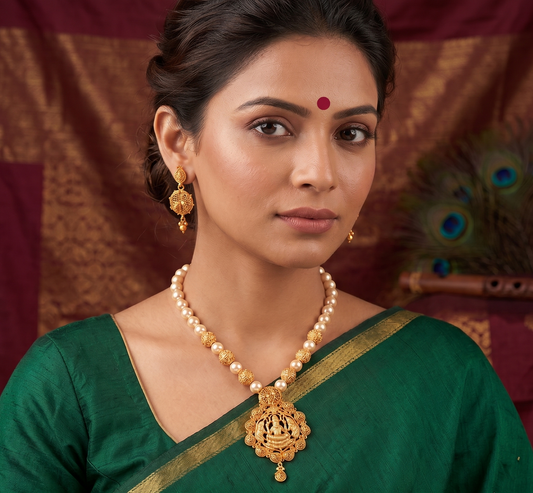 Matte finish pearl Lakshmi designer necklace set dj-06588
