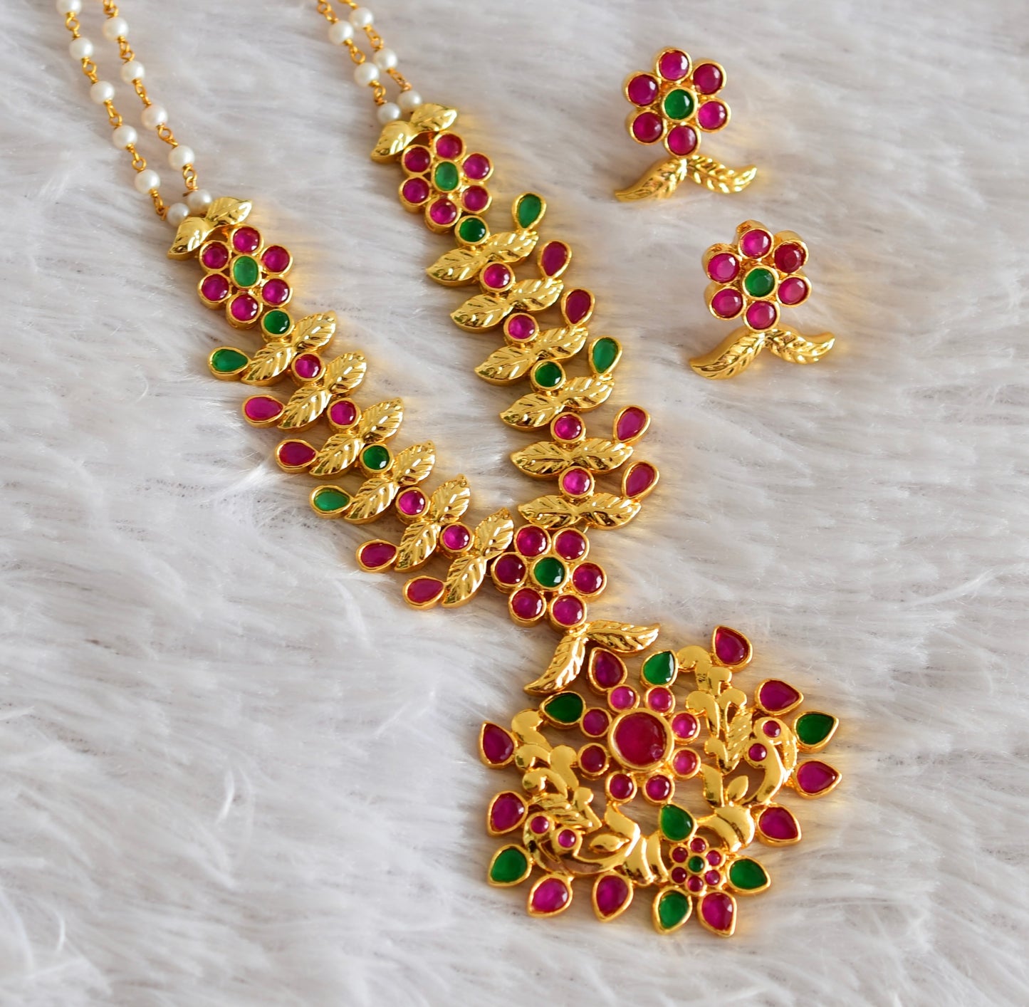 Gold tone Ruby-green pearl peacock haar set dj-51951