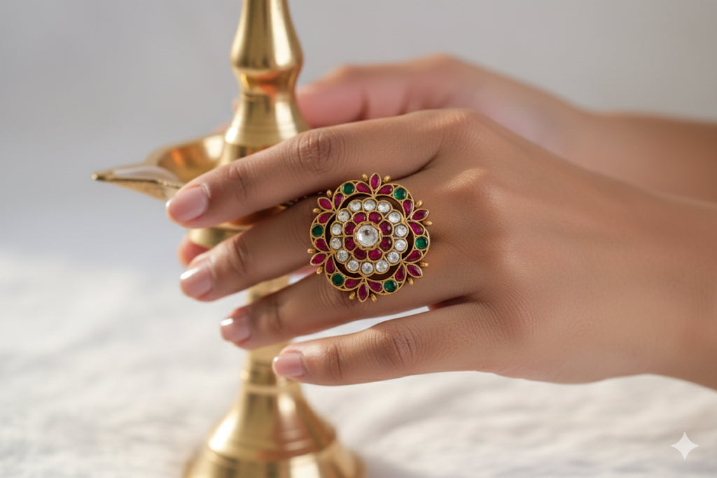 Gold tone pink-green-pearl kundan jadau flower finger ring dj-52369