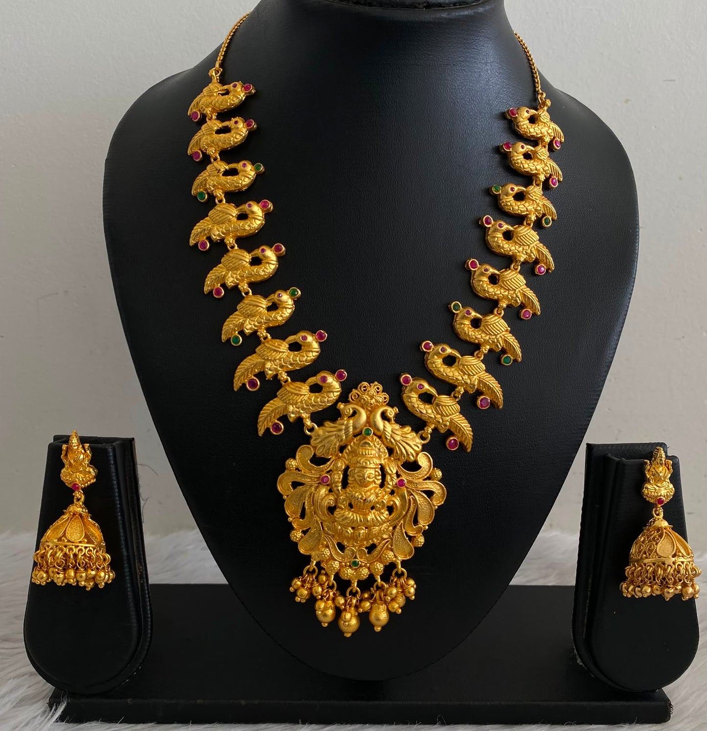 Gold tone Ruby-Green Lakshmi Peacock Necklace Set - DJ06632