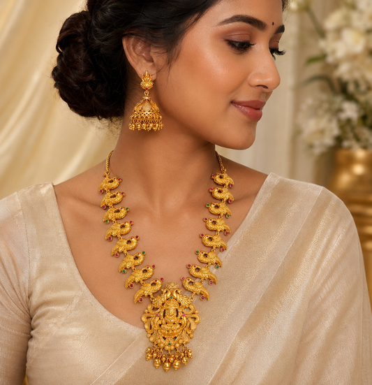 Gold tone Ruby-Green Lakshmi Peacock Necklace Set - DJ06632