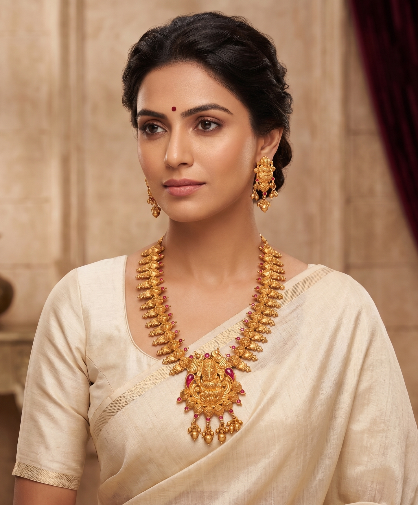 Matte Finish ruby lakshmi necklace set Dj-06633