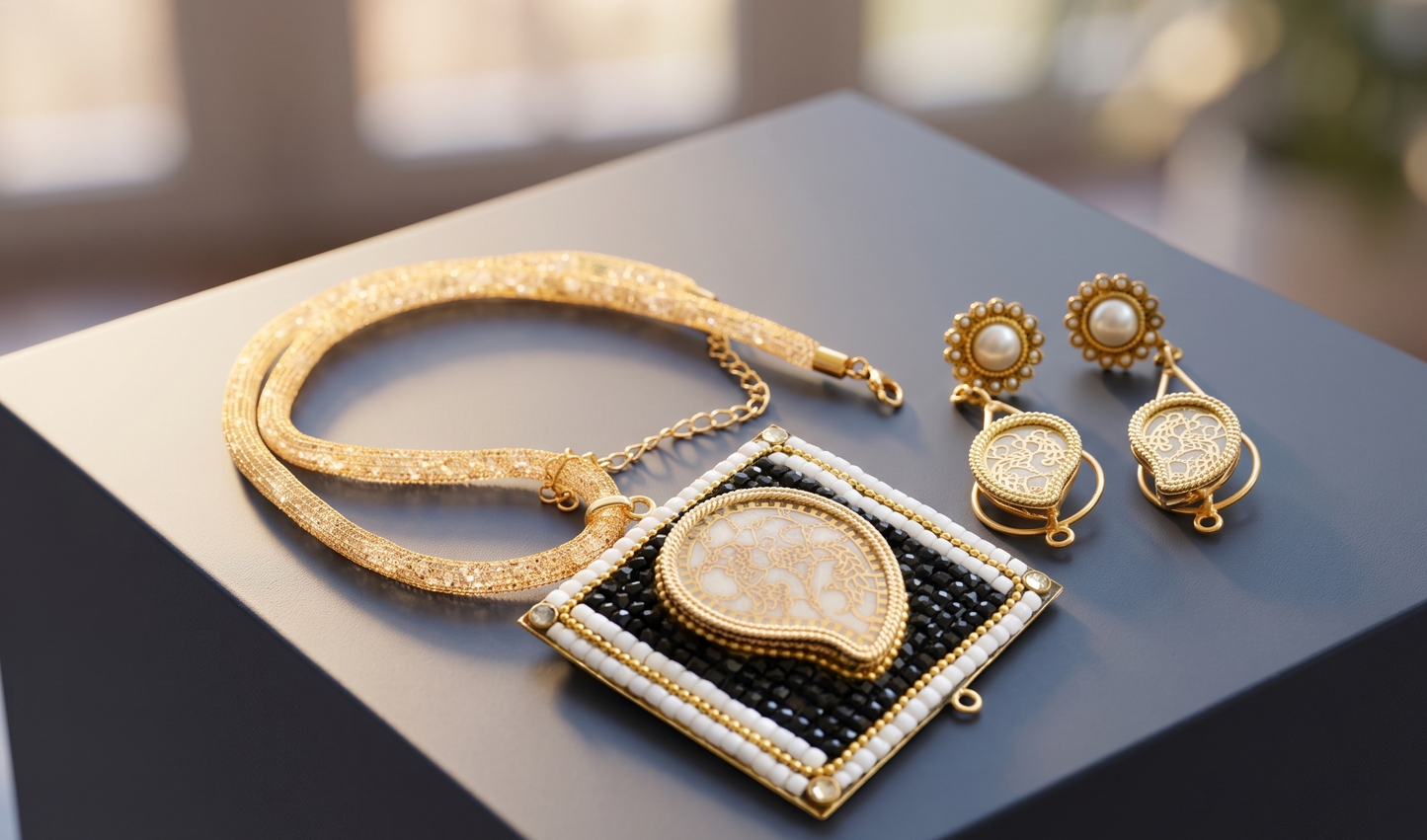 Gold tone black thewa pendant necklace set dj-06701