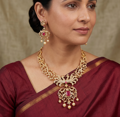 Beautiful Gold Tone Cz-ruby Peacock Necklace Set-dj06712