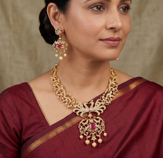 Beautiful Gold Tone Cz-ruby Peacock Necklace Set-dj06712