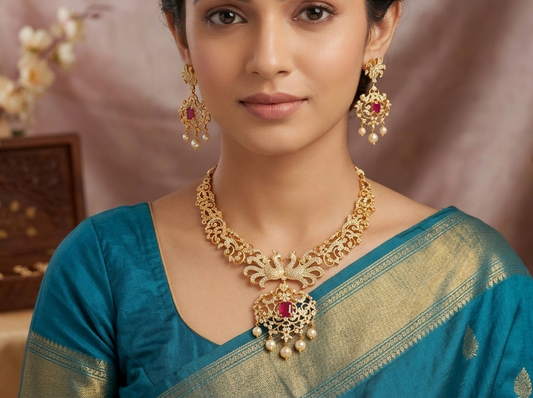 Beautiful Gold Tone Cz-ruby Peacock Necklace Set-dj06713