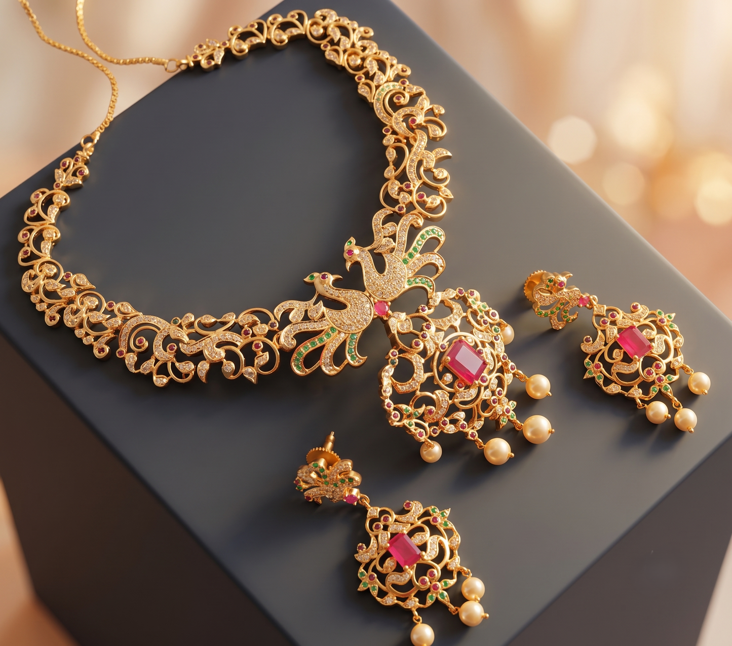 Beautiful Cz Gold Tone Ruby-emerald Peacock Necklace Set-dj06714