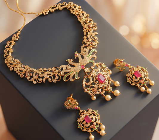 Beautiful Cz Gold Tone Ruby-emerald Peacock Necklace Set-dj06714