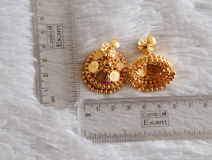 Gold tone ruby-pink lakshmi coin jhumkka dj-50170
