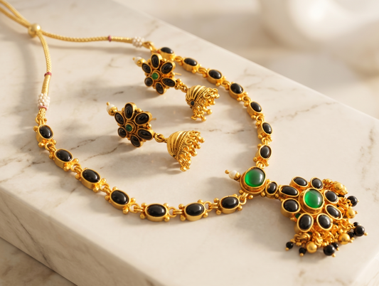 Antique gold tone Black-green Oval stone Necklace Set-dj06797