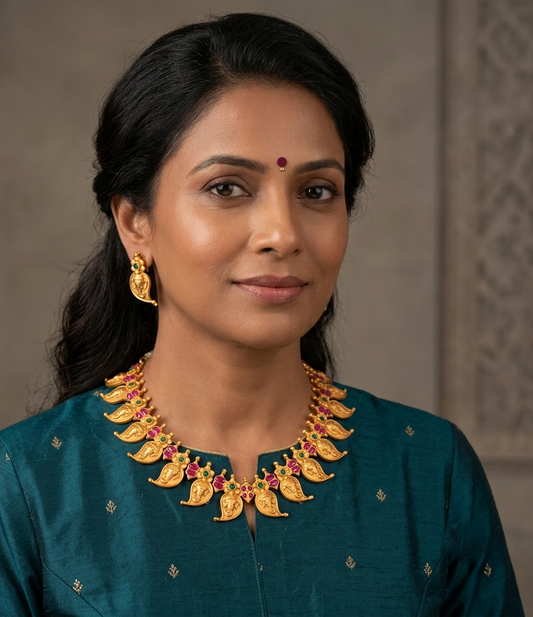 Matte finish Ganesha mango ruby-green necklace set dj-06861