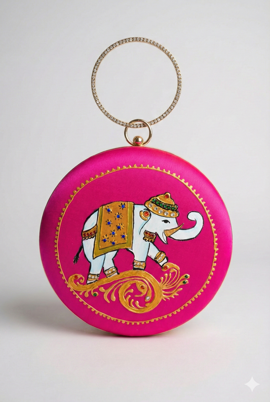 Tanjore painted pink silk clutch dj-52651