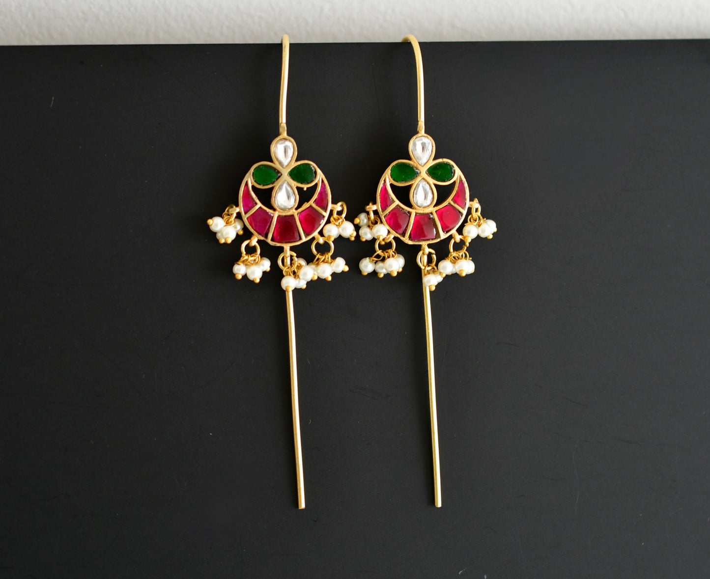 Gold tone pink-green-white kundan jadau bali bugadi needle earrings dj-52457