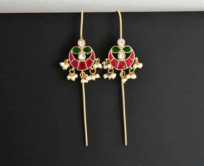 Gold tone pink-green-white kundan jadau bali bugadi needle earrings dj-52457