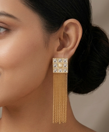 Beautiful Gold Tone Polki-pearl Long Earrings-dj06936