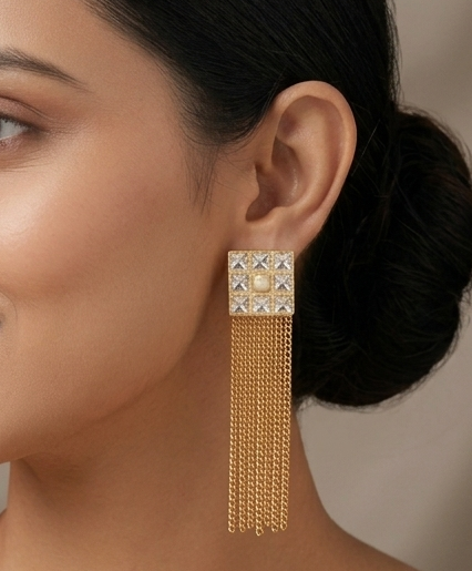 Beautiful Gold Tone Polki-pearl Long Earrings-dj06936