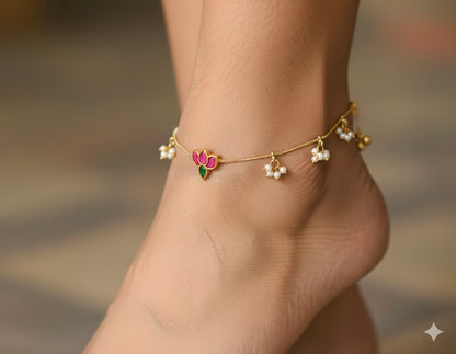 Gold tone pink-green kundan jadau pearl cluster lotus anklets dj-50232