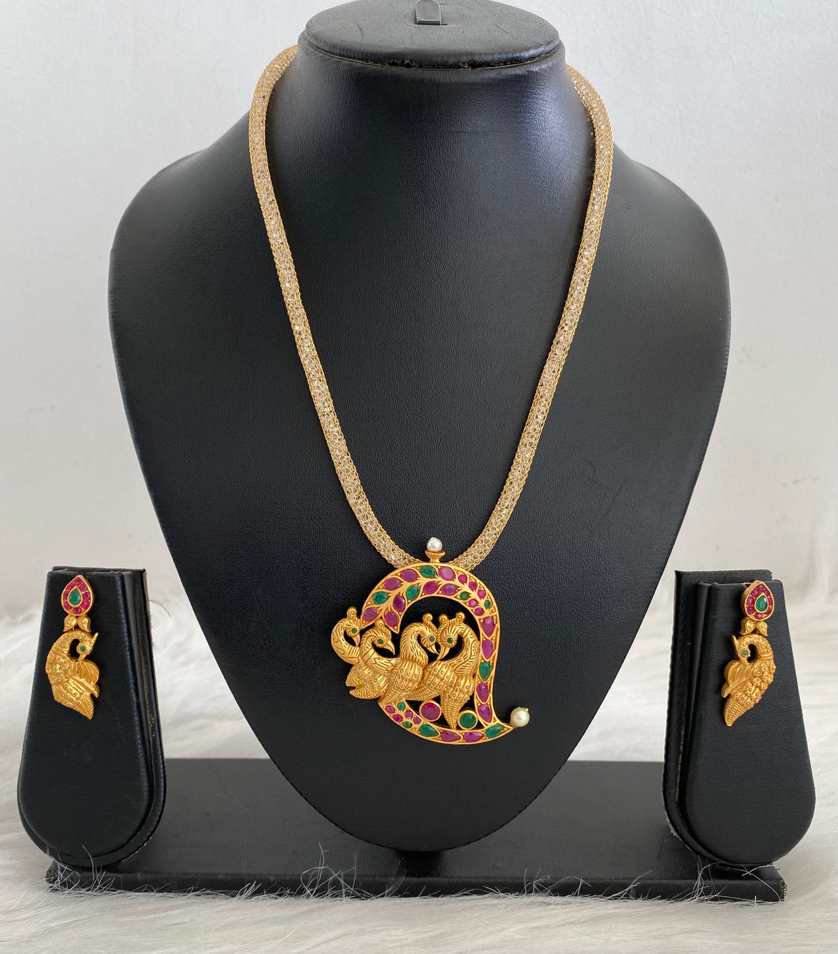 Matte Finish Ruby-emerald mango-Peacock Necklace Set-dj06985
