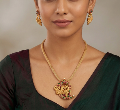 Matte Finish Ruby-emerald mango-Peacock Necklace Set-dj06985