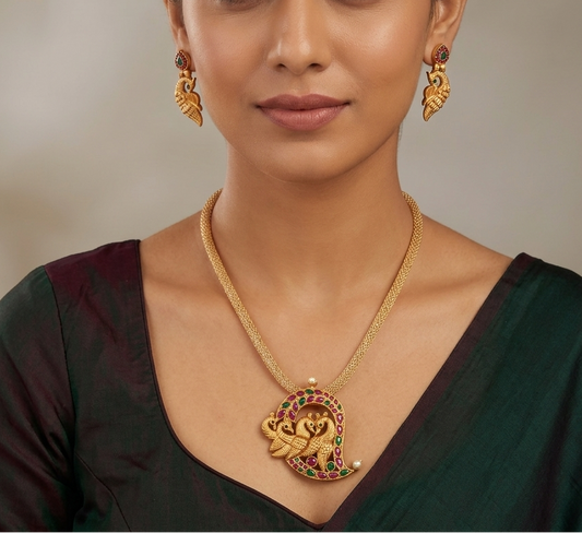Matte Finish Ruby-emerald mango-Peacock Necklace Set-dj06985