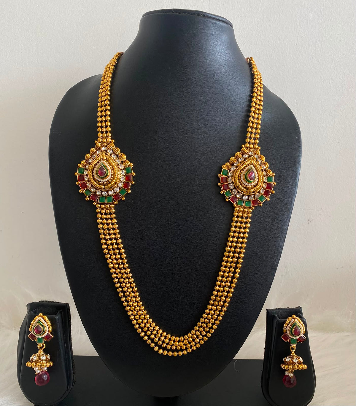 Antique red-green mugappu multilayer necklace set dj-06993