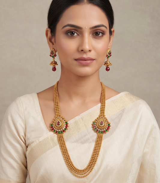 Antique red-green mugappu multilayer necklace set dj-06993