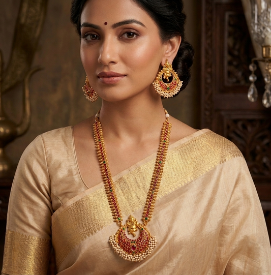 Antique kemp-green pearl cluster ganesha haar set dj-06996